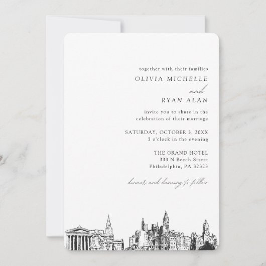 Philadelphia bruiloft elegante skyline uitnodiging (Voorkant)