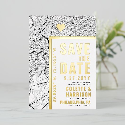 Philadelphia Love Locator | Bruiloft Bewaar de dat Folie Uitnodiging (Staand Voorkant)