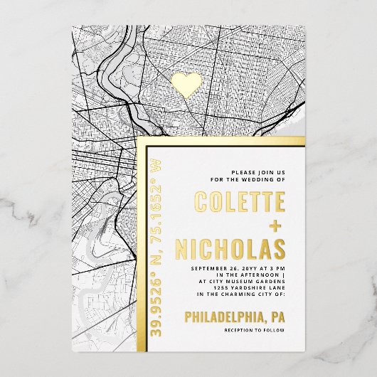 Philadelphia Love Locator | Stad thema bruiloft Folie Uitnodiging (Voorkant)
