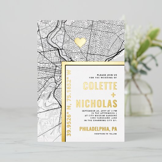 Philadelphia Love Locator | Stad thema bruiloft Folie Uitnodiging (Staand Voorkant)