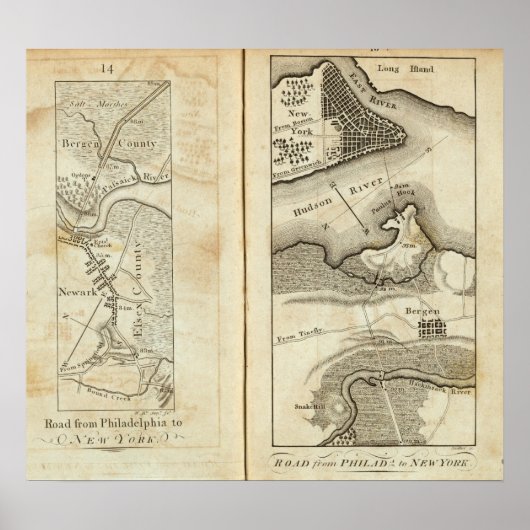 Philadelphia naar New York Road Map Poster (Voorkant)