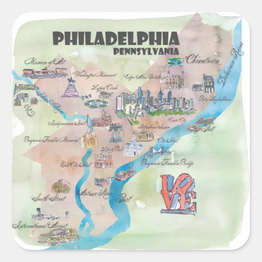 Philadelphia Pennsylvania Retro  Art Map Vierkante Sticker (Voorkant)
