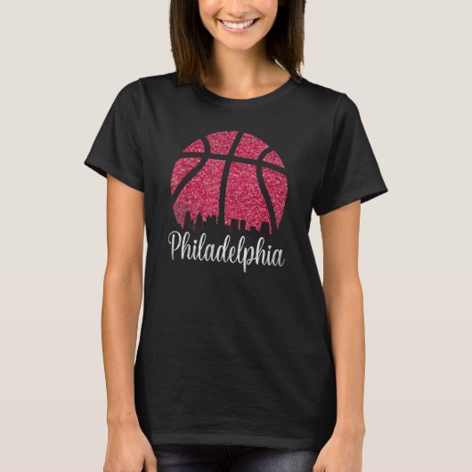 Philadelphia Pennsylvania Skyline Pink Basketball T-shirt (Voorkant)
