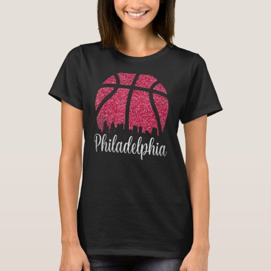 Philadelphia Pennsylvania Skyline Pink Basketball T-shirt (Voorkant)