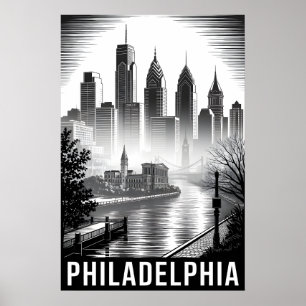 Philadelphia Pennsylvania Zwart Wit Houtsnede Poster