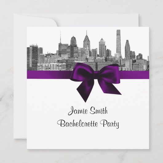 Philadelphia Silhouet Etch BW Paarse Bachelorette Kaart (Voorkant)