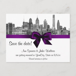Philadelphia Silhouette Etch BW Paars Save the Dat Aankondigingskaart