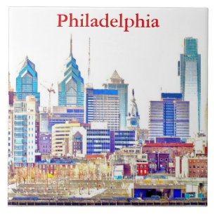 Philadelphia Skyline Color Sketch Tile Tegeltje