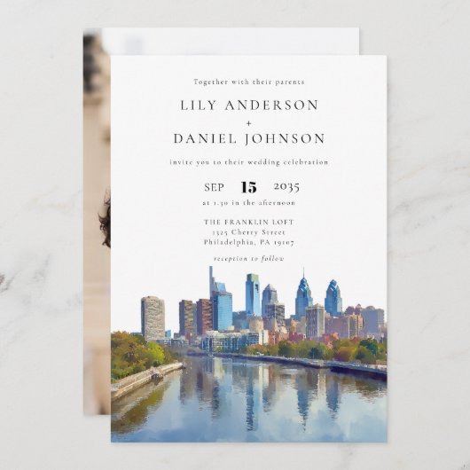 Philadelphia Skyline Destination Photo Wedding Kaart (Voorkant / Achterkant)