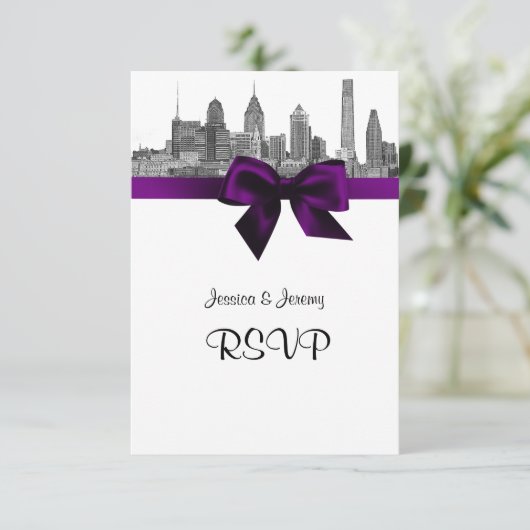 Philadelphia Skyline Etch BW Paars RSVP Menu (Staand voorkant)