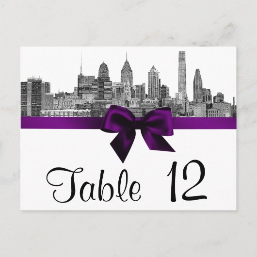 Philadelphia Skyline Etch BW Paars Table Number Briefkaart (Voorkant)