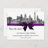 Philadelphia Skyline Etch BW Paarse Save the Date Aankondigingskaart (Voorkant / Achterkant)