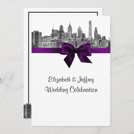 Philadelphia Skyline Etch BW Paarse V Bruiloft Kaart (Voorkant / Achterkant)