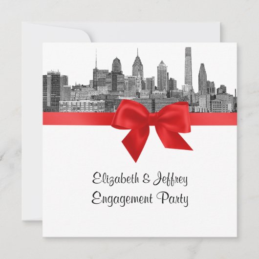 Philadelphia Skyline Etch BW Red Engagement Party Kaart (Voorkant)