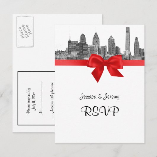 Philadelphia Skyline Etch BW Red RSVP 1 Uitnodiging Briefkaart (Voorkant / Achterkant)