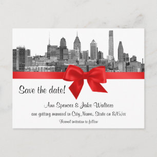 Philadelphia Skyline Etch BW Red Save the Date Aankondigingskaart