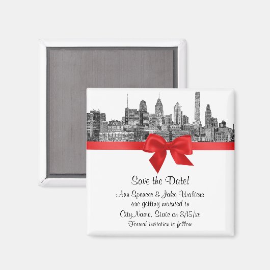 Philadelphia Skyline Etch BW Red Save the Date Magneet (Voorkant / Achterkant)