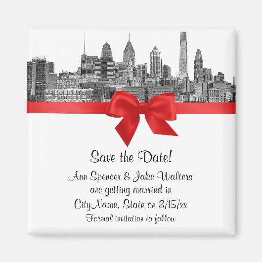 Philadelphia Skyline Etch BW Red Save the Date Magneet (Voorkant)