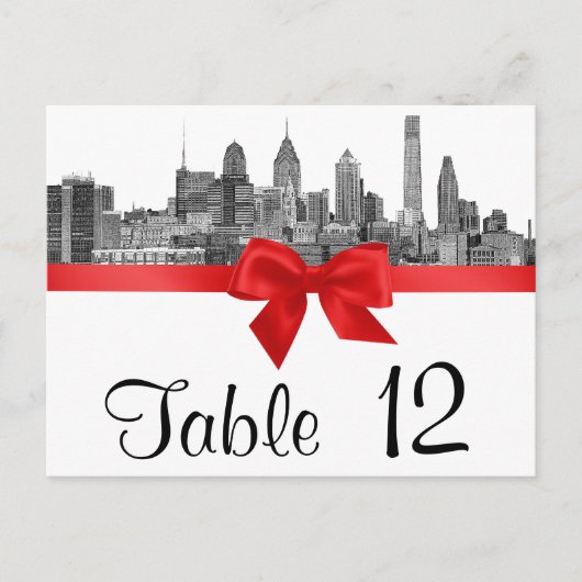 Philadelphia Skyline Etch BW Red Table Number Briefkaart (Voorkant)