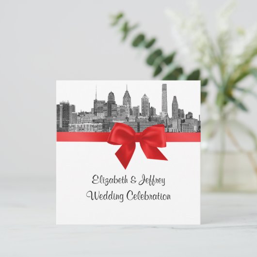 Philadelphia Skyline Etch BW Rode bruiloft Kaart (Staand voorkant)