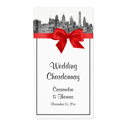 Philadelphia Skyline Etch BW Rode Wijn Label (Voorkant)