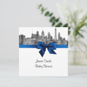 Philadelphia Skyline Etch BW Royal Blu Baby shower Kaart (Staand voorkant)