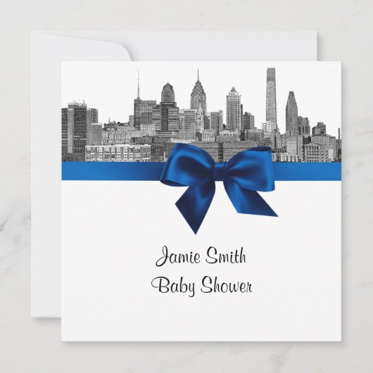 Philadelphia Skyline Etch BW Royal Blu Baby shower Kaart (Voorkant)