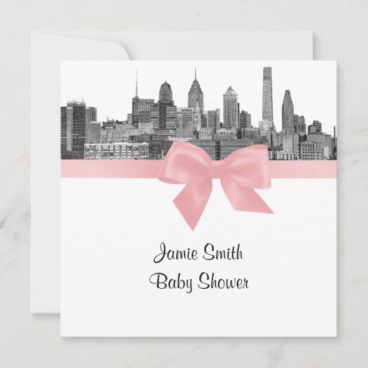 Philadelphia Skyline Etch BW Roze Baby shower Kaart (Voorkant)