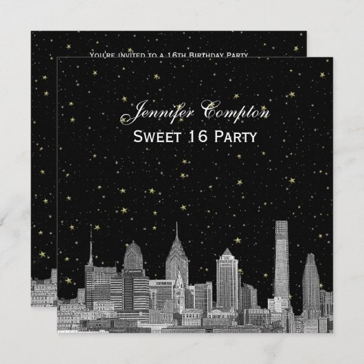 Philadelphia Skyline Etch Starry DIY SQ Sweet 16 Kaart (Voorkant / Achterkant)