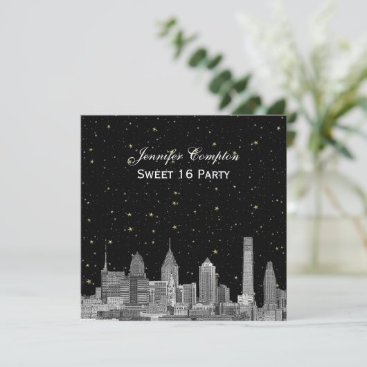 Philadelphia Skyline Etch Starry DIY SQ Sweet 16 Kaart (Staand voorkant)
