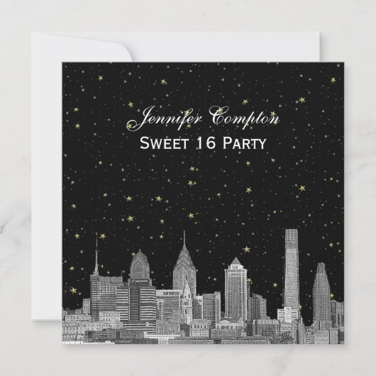 Philadelphia Skyline Etch Starry DIY SQ Sweet 16 Kaart (Voorkant)
