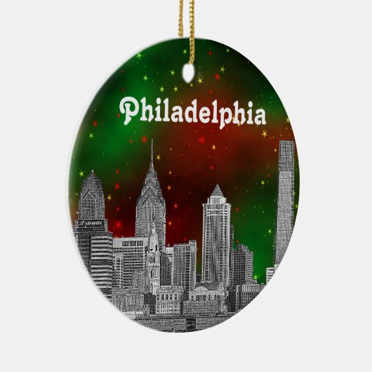 Philadelphia Skyline Green Red Starry Sky Xmas Keramisch Ornament (Rechts)