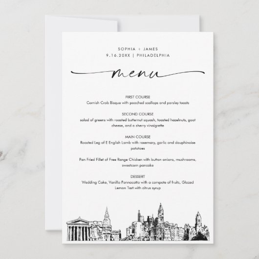 Philadelphia Skyline Huwelijksdiner Menu Kaart 5x7 (Voorkant)
