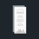 Philadelphia Skyline | Huwelijksevenement Diner Me Menu<br><div class="desc">Een set van gepersonaliseerde menu's voor uw volgende bruiloft-thema evenement in de prachtige stad Philadelphia, Pennsylvania. Het heeft een deco-stijl illustratie van de skyline van de stad. Hierboven zijn vlekken voor uw unieke menuselectie. Aan de achterzijde is een zachte nikkelgrijze kleur met ruimte voor uw eigen unieke boodschap om uw...</div>