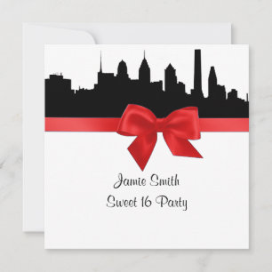 Philadelphia Skyline Silhouette Red Sweet Sixteen Kaart
