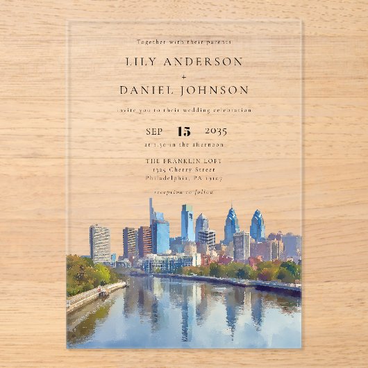 Philadelphia Skyline Watercolor Elegant Wedding Acryl Uitnodigingen (Voorkant)
