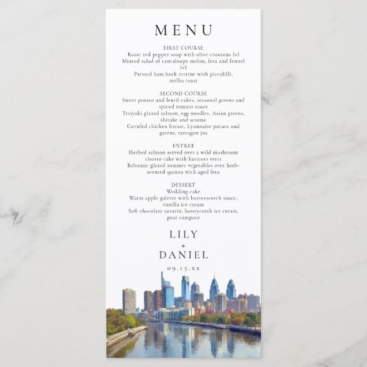 Philadelphia Skyline Watercolor Elegant Wedding Menu (Voorkant)