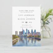 Philadelphia Skyline Watercolor Photo Wedding Save The Date (Staand voorkant)