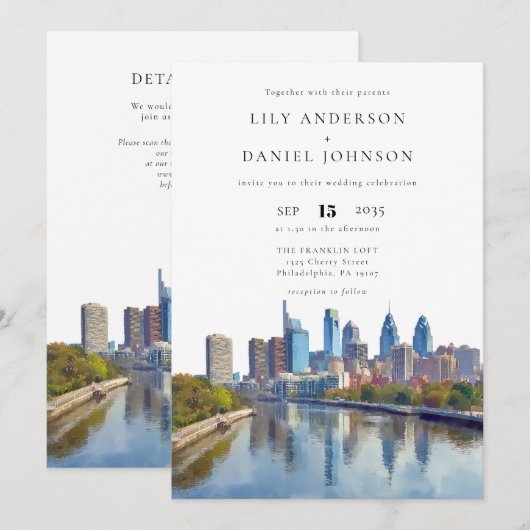Philadelphia Skyline Watercolor QR Code Wedding Kaart (Voorkant / Achterkant)