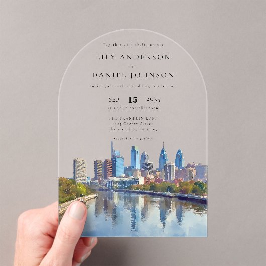 Philadelphia Skyline Watercolor Wedding Arch Acryl Uitnodigingen (Insitu (Draagbaar))
