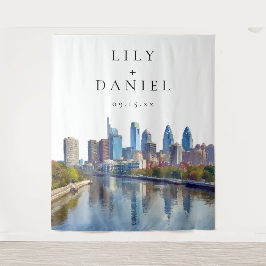 Philadelphia Skyline Wedding Photo Backdrop Wandkleed (Voorkant)