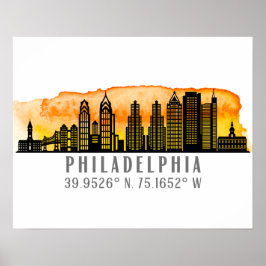 Philadelphia Sunset Skyline Map Coordinates Poster