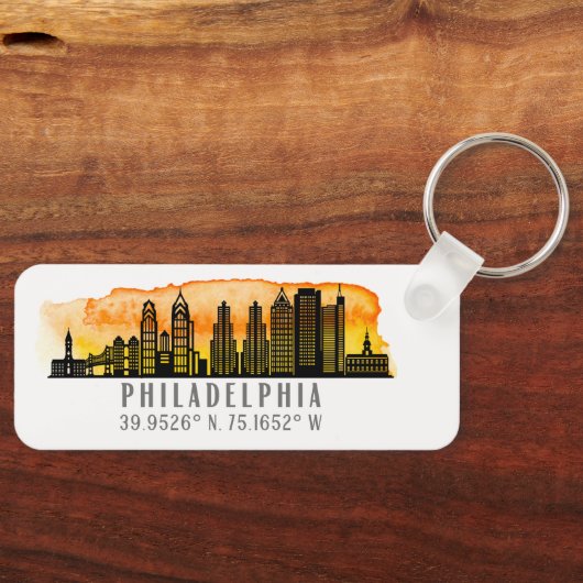 Philadelphia Sunset Skyline Map Coordinates Sleutelhanger (Voorkant)