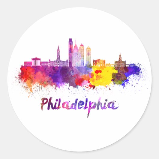 Philadelphia V2 skyline in watercolor Ronde Sticker (Voorkant)
