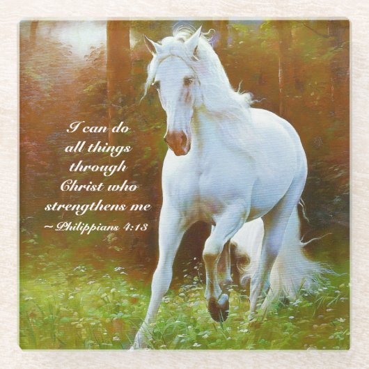 Philippians 4:13 Alles door Christus, Paard Glazen Onderzetter (Voorkant)