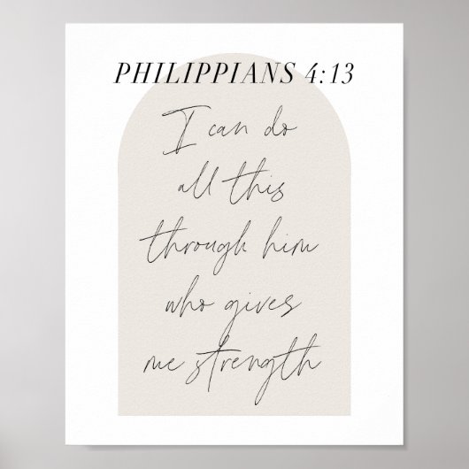 Philippians 4:13 Minimale Boho Beige Arch Script Poster (Voorkant)