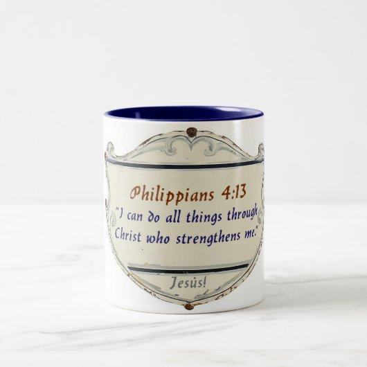 Philippians 4:13 Shield Coffee Mug Tweekleurige Koffiemok (Center)
