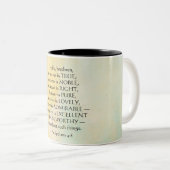 Philippians 4:8 Wat waar ook is, Tweekleurige Koffiemok (Voorkant rechts)