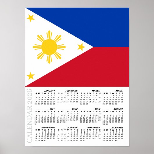 Philippines 2026 Calendar, Large, Philippine Flag Poster (Voorkant)