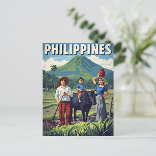 Philippines Rice Field Family Retro Briefkaart (Staand voorkant)